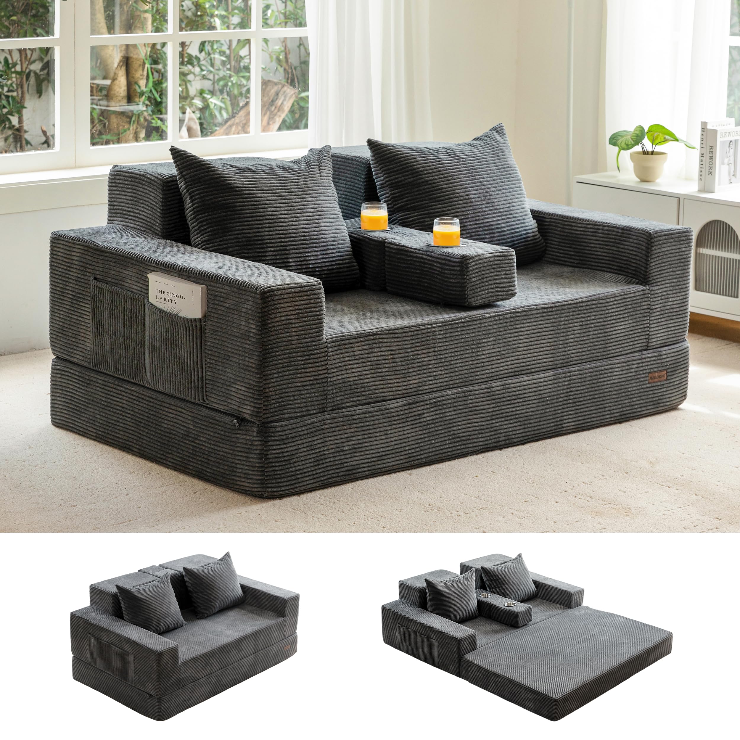 MAXYOYO Loveseat Sofa Bed 64 Foldable Floor Sofa Couch in A Box with 2 Cup Holders 4 in