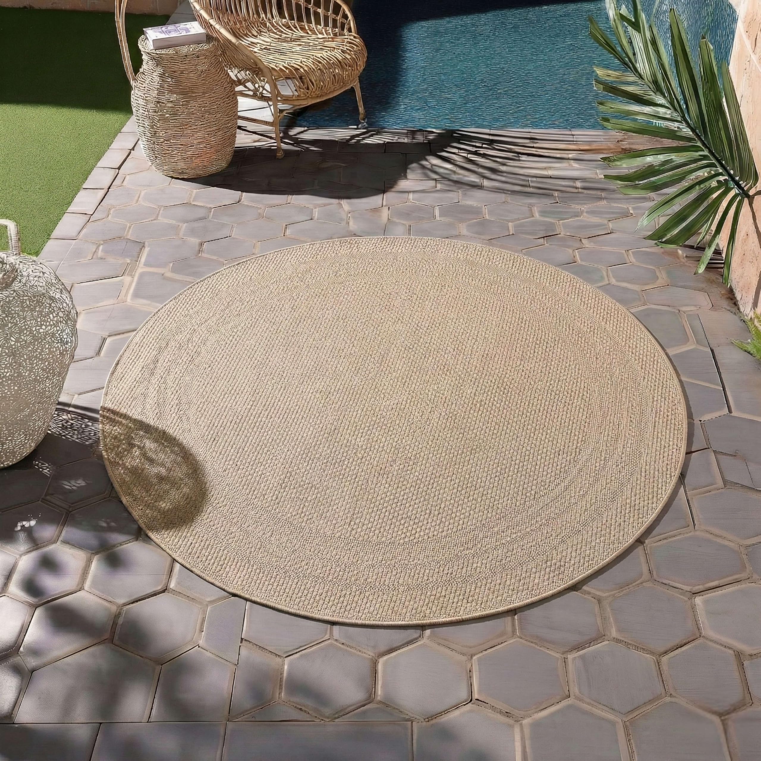 HomebyHome Outdoor Teppich Beige Wetterfest UV-beständig Pflegeleicht Skandinavisches Boho Design für Küche Balkon Terrasse Garten Wohnzimmer Esszimmer