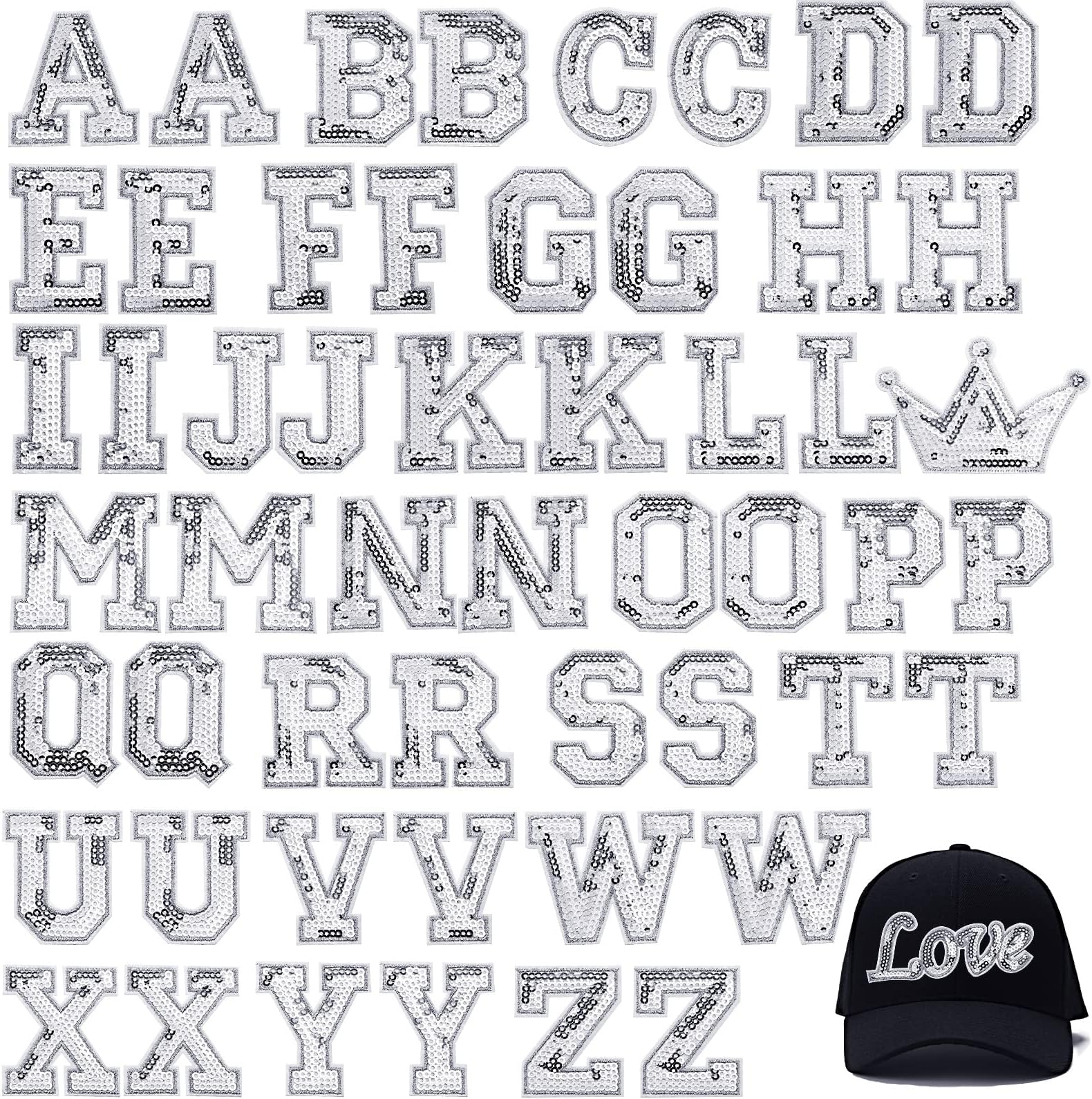 54 Pieces Iron on Sequin Letters Alphabet Patches Iron on Appliques Love Design Sew on Patches Glitter Hotfix for Bag Shoes DIY Craft Supplies(Silver)
