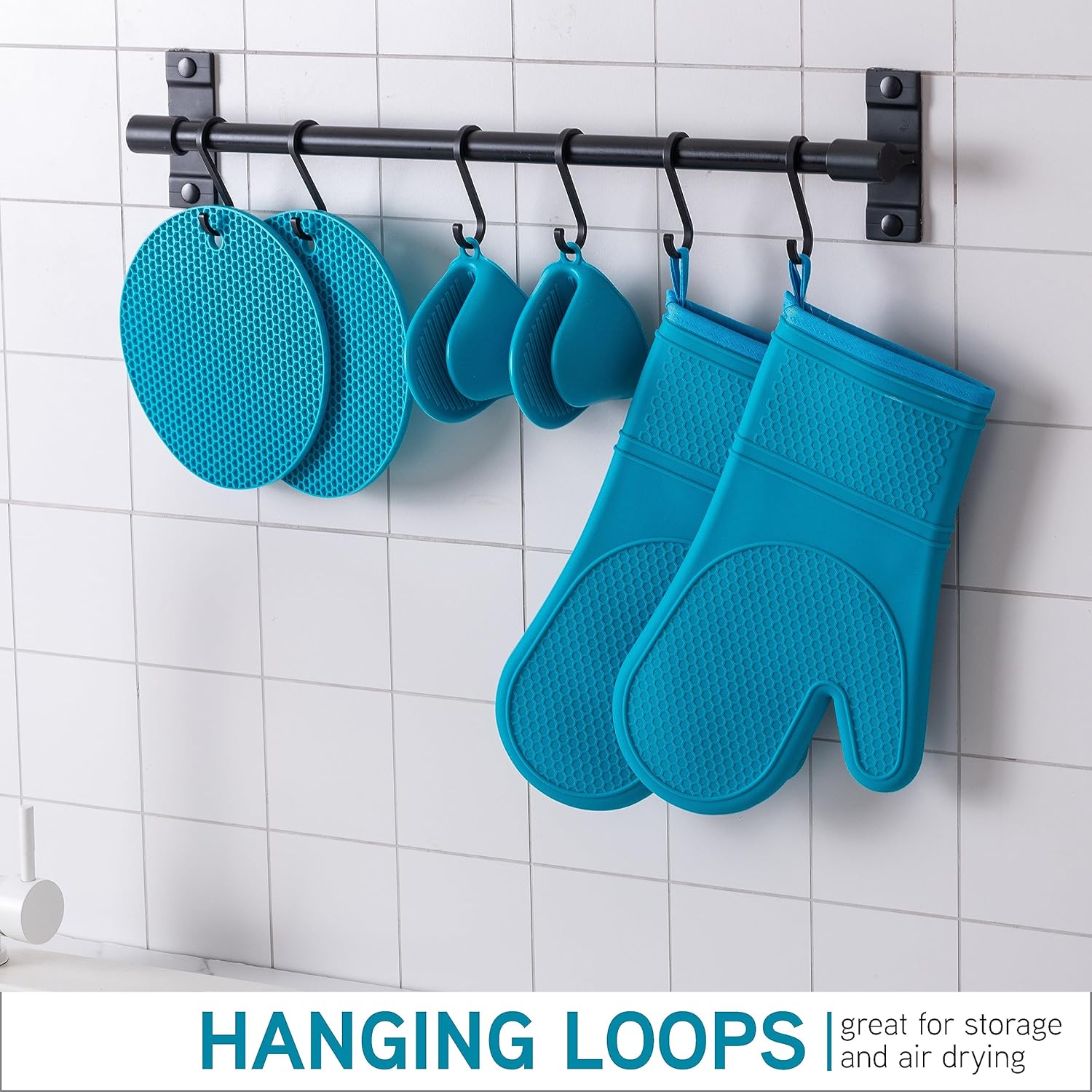 COOK WITH COLOR Silicone Oven Mitts- Heat Resistant Gloves with Soft Quilted Lining Oven Mitt Pot Holders for Cooking and BBQ, Teal, Mitt Set - Image 8