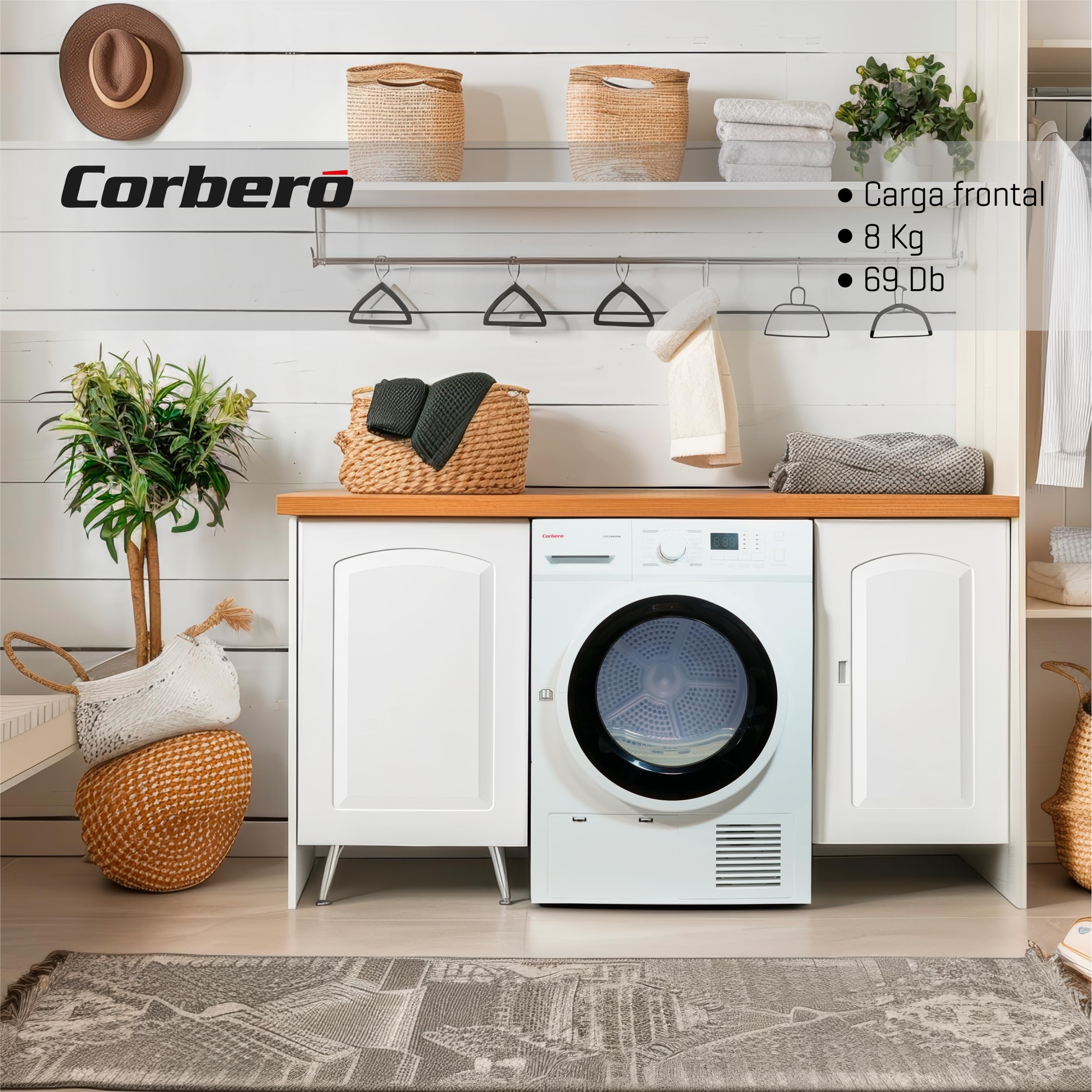 Corberó - Secadora Carga Frontal 8 kg | CSCEM8084W | Condensación | Display LED | 16 Programas | Inicio Diferido | Inicio/Pausa y Antiarrugas | 69dB | E. energética B, Blanco