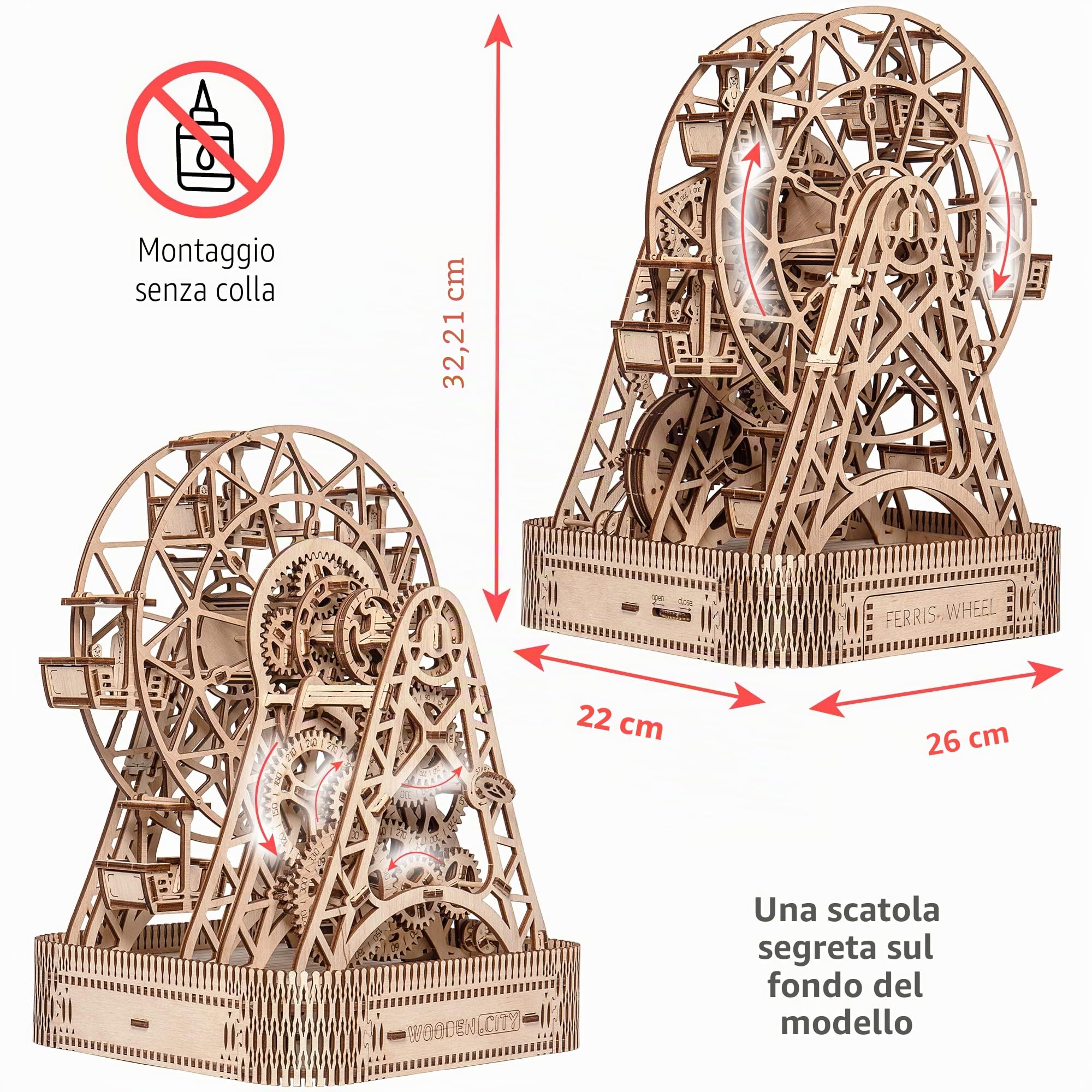 Wooden.City Kit di modelli meccanici in legno per costruire - Ruota panoramica - Meccanismo aperto - Compleanno per adolescenti e adulti - Puzzle 3D fai da te - Taglio laser - 220 mm x 260 mm x 322 mm