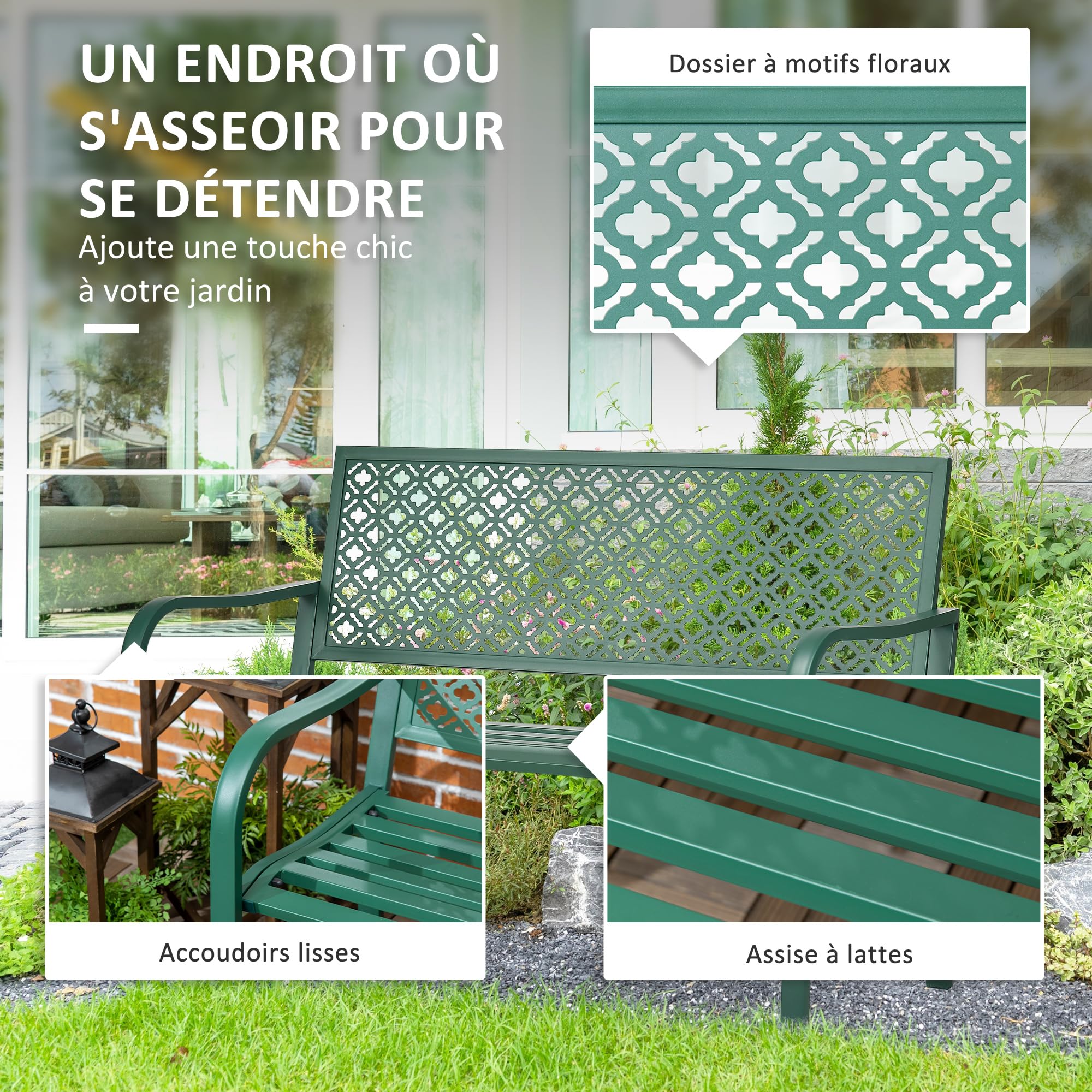 Outsunny Banc de Jardin, Banc extérieur Jardin en Acier, avec Dossier à Motif Floral, accoudoirs, pour 2 Personnes, pour Jardin, Balcon, Charge Max. 240 kg, Vert foncé