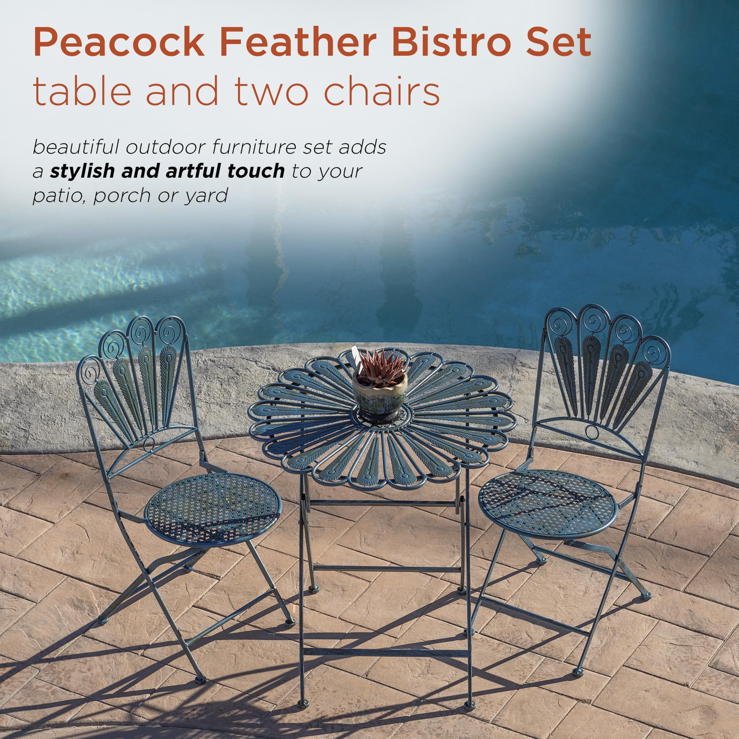 Alpine Corporation Peacok Bistro Set Ensemble bistrot, Métal, Bleu Clair, 75 cm Tall