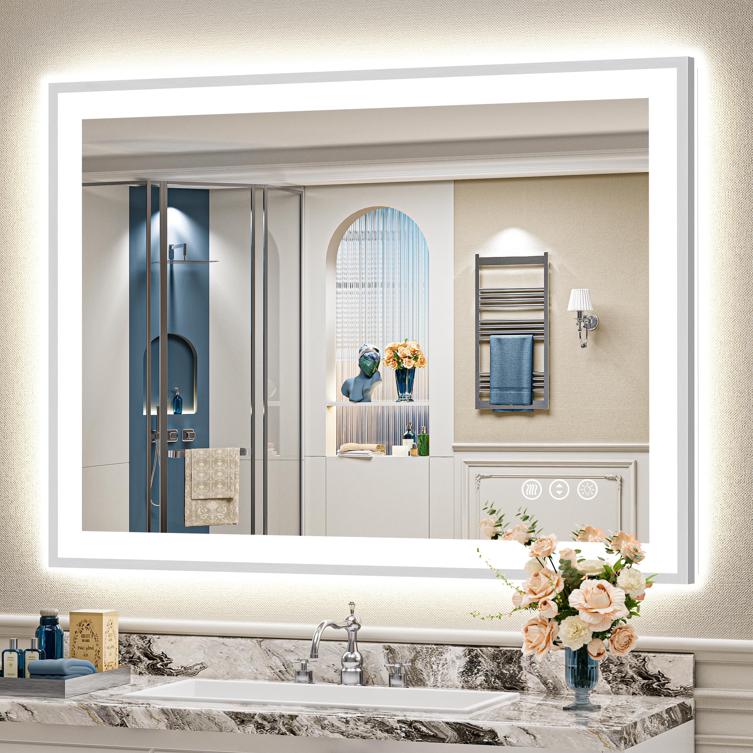 48x36 Inch Brushed Nickel LED Bathroom Mirror, Backlit &amp; Front-Lit | Silver Framed Lighted Vanity Mirror, Dimmable, 3-Color Light, Memory, CRI95, Tempered Glass, UL Listed, Horizontal/Vertical