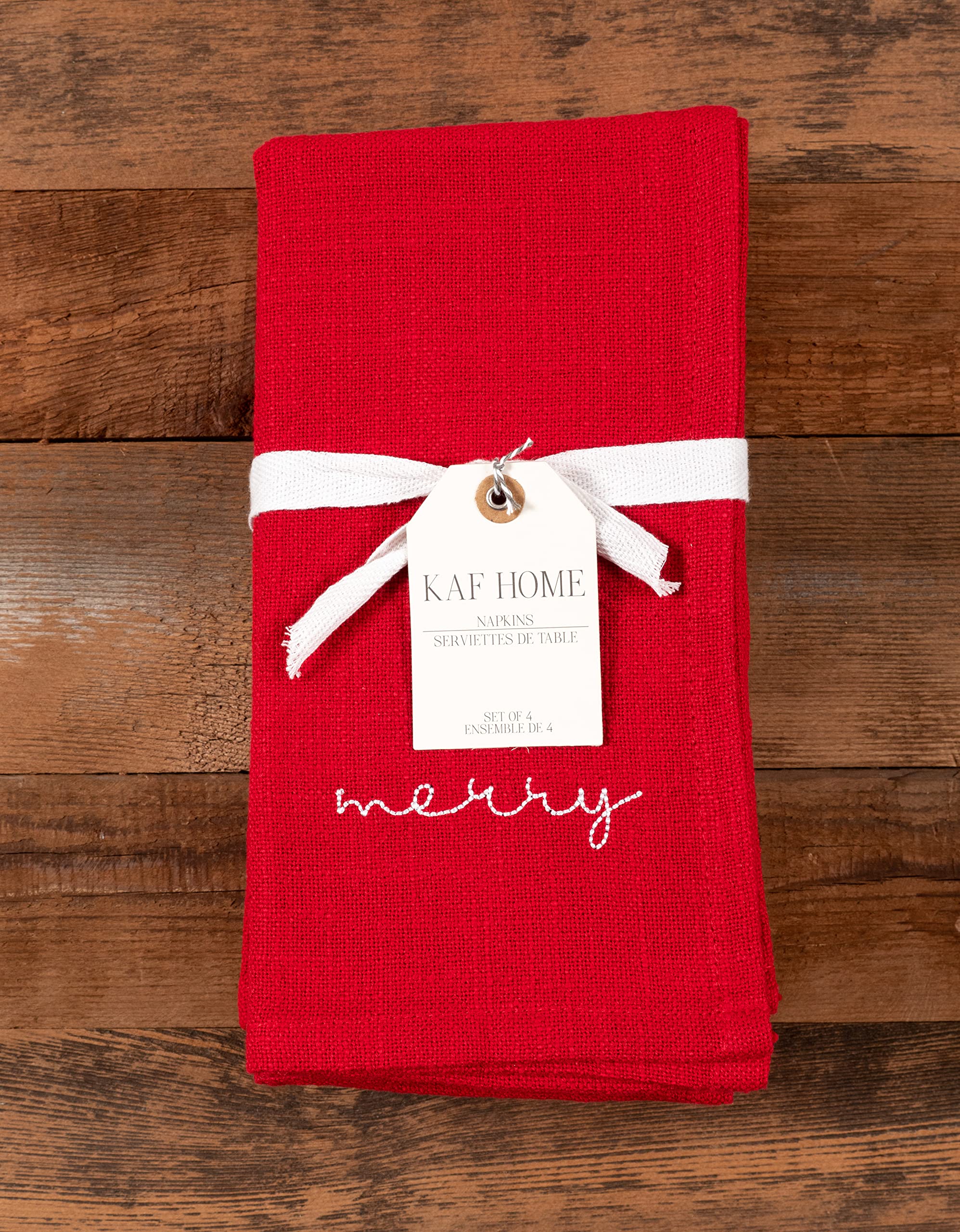 KAF Home Embroidered Holiday Dinner Napkins - 100% Cotton Enzyme Washed Slubbed Cloth Napkins - Set of 4 (Merry)