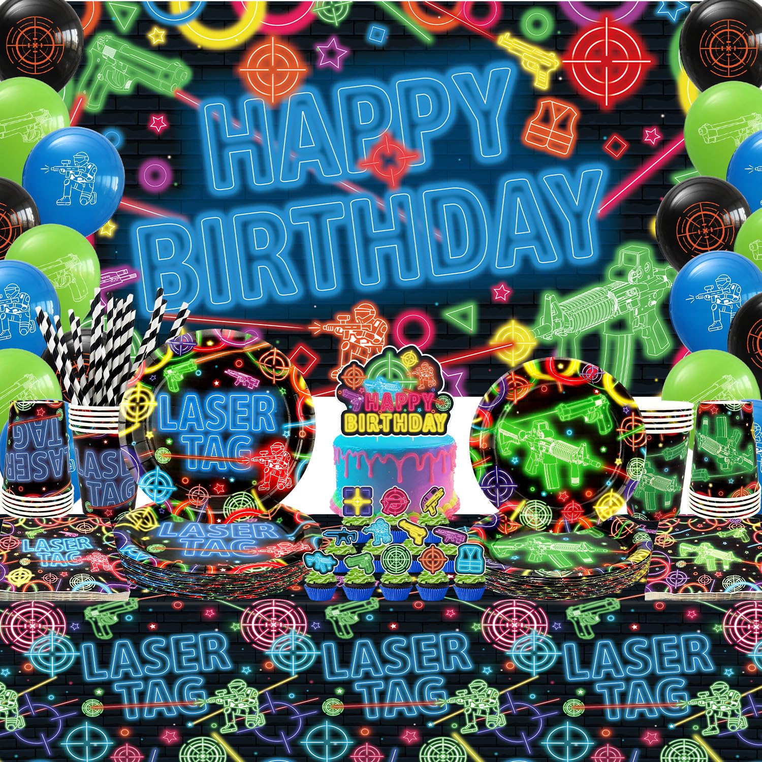 Laser Tag Party Decorations, Laser Tag Party Supplies, Plates Cups Napkins Tablecloth Neon Glow theme Backdrop Balloon Cake Toppers for Shooting Game Neon Glow Party Supplies, Serves 20