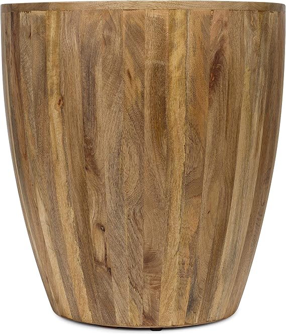 Poly & BARK Goa Side Table in Natural Solid Mango Wood Accent Table 21 Round End Table Handcrafted Drum Design, Fully Assembled