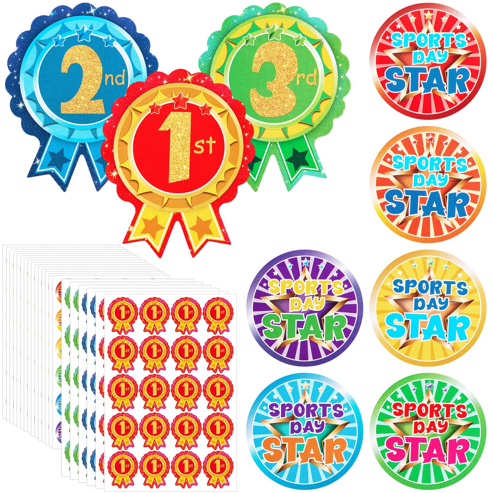 Tenare 600 Pcs Sports Day Stickers for Kids Star & 1st 2nd 3rd Participation Rosette Award Stickers for School PE for Events Competitions and Classroom Rewards(Word)