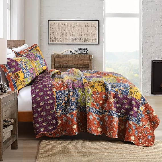 Qucover 100% Cotton Quilted Bedspread King Size Real Patchwork Quilt Orange