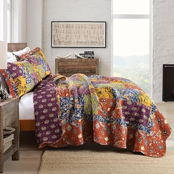 Qucover 100% Cotton Quilted Bedspread King Size Real Patchwork Quilt Orange
