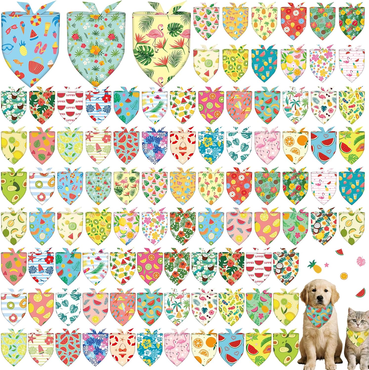 50 Pcs Summer Dog Bandanas Bulk Hawaiian Bandanas for Dogs Fruit Adjustable Pet Bibs Triangle Set Washable Pet Scarf for Small Medium Large Dog Costume Accessories