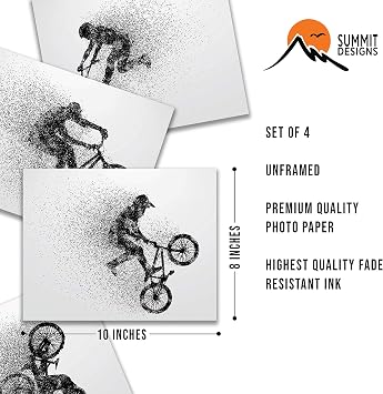 Summit Designs BMX Bike Wall Art Prints - Set Of 4 (8x10) Extreme Sports - Unframed Posters, Room For Men Kids Teenagers, Poster Set For Bedroom Man Cave, Boys Bedroom, Prints