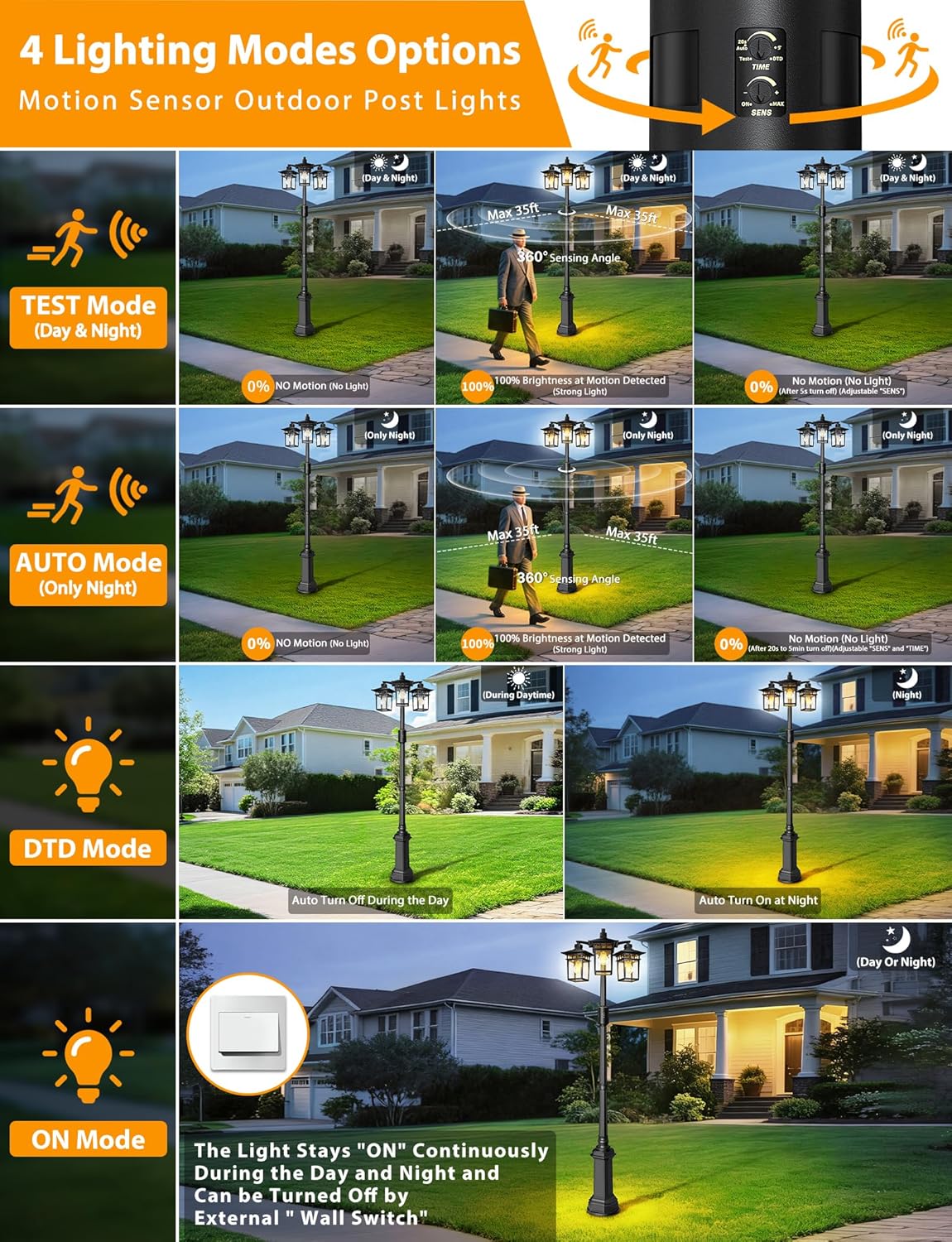 360° Motion Sensor Outdoor Lamp Post Light Fixture, 3-Head Dusk to Dawn Outdoor light post with bubble Glass, Aluminum Waterproof Light Poles Outdoor Lighting for Outside yard Paito Garden Pathway