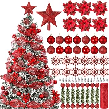 75 Pcs Christmas Tree Decoration Set Gift Christmas Ball Ornament Star Tree Topper Glitter Poinsettia Flowers Hanging Snowflakes Mesh Ribbon Bendable Ties for Xmas Holiday PartyRed