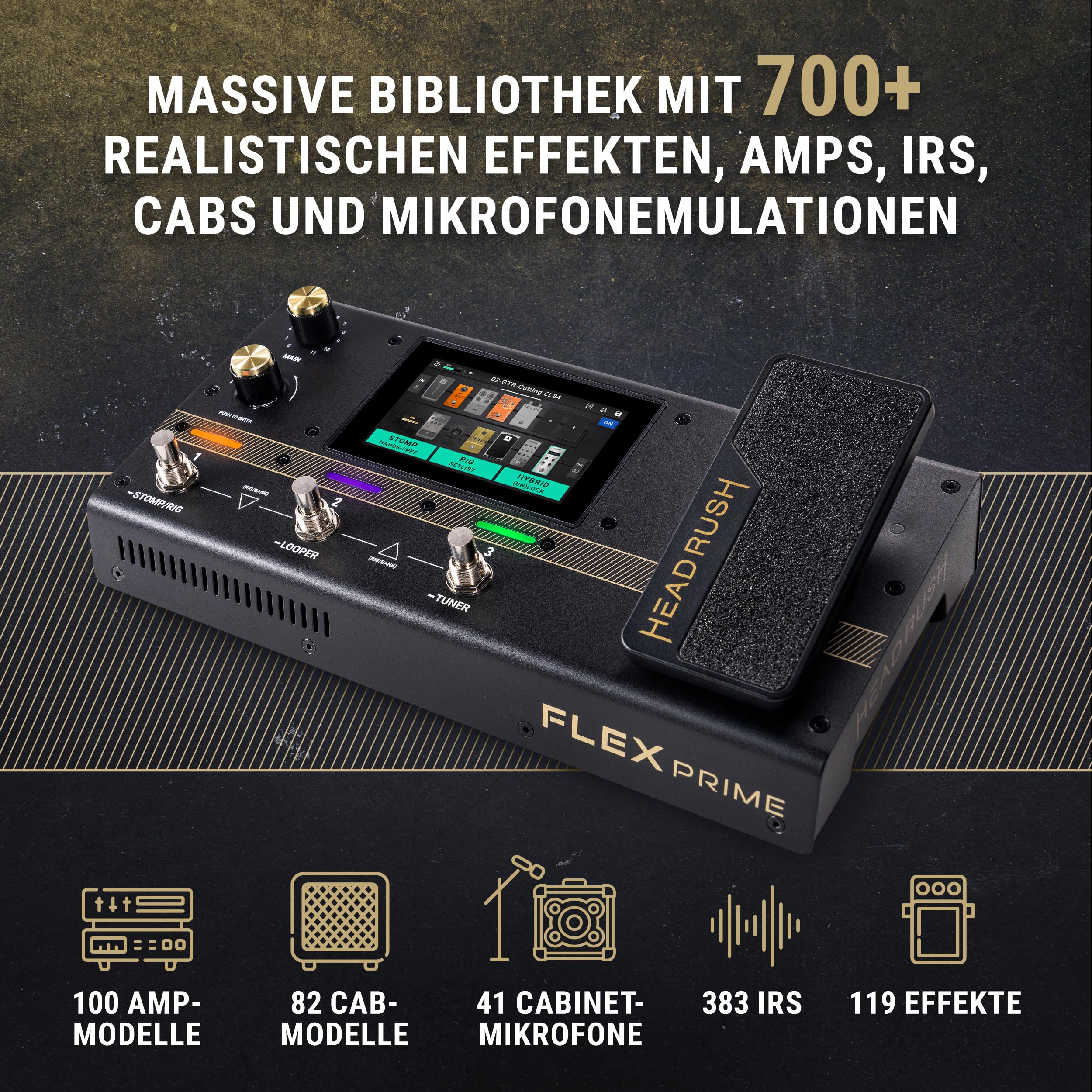 HeadRush Flex Prime Gitarre und Bass Multi-Effekt Pedal und Amp Modeling Prozessor mit Touchscreen, Looper, WLAN, Bluetooth, IR Loader, USB, Lektionen