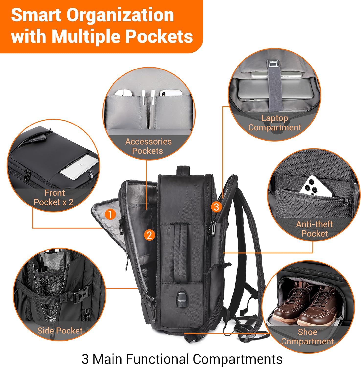 Joryin Air Vacuum Backpack for Travel with Air Pump, 75L Expandable Backpack with Detachable Vacuum Compression Bag Waterproof Carry On Travel Bag for Airline Laptop Backpack with Shoe Compartment