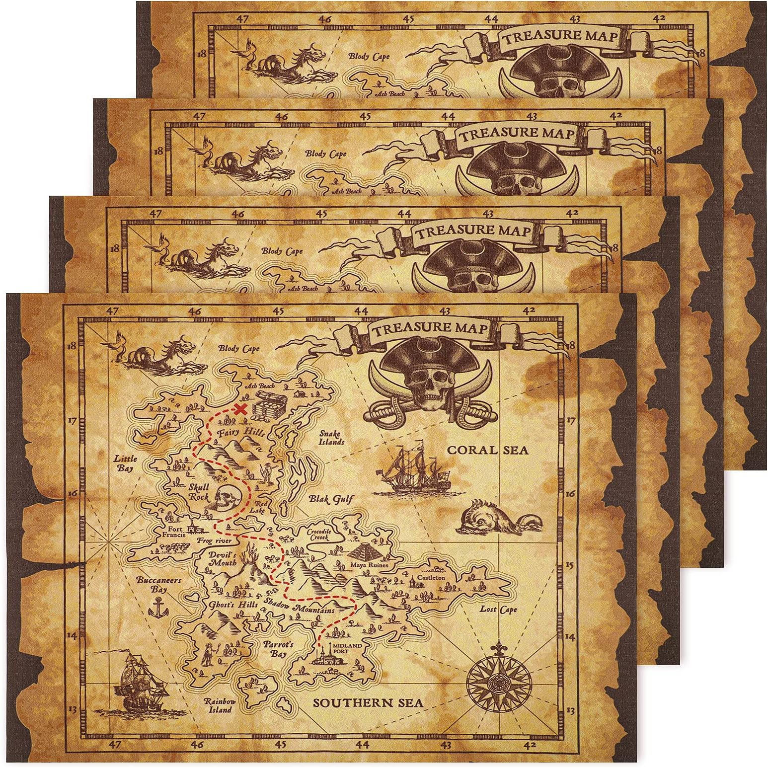 Tegeme 4 Pieces Pirate Treasure Map Adventure Vintage Treasure Map for Pirate Party Supplies, Halloween Party Supplies Accessory Home Decor, 17.7 x 13 Inch