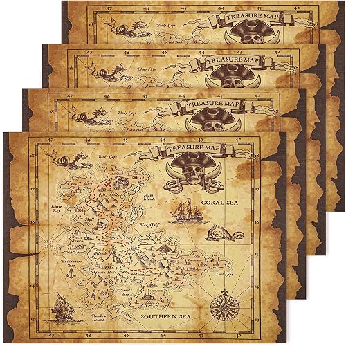 Tegeme 4 piezas de mapa del tesoro pirata de aventura vintage para suministros de fiesta de pirata, suministros de fiesta de Halloween, accesorio