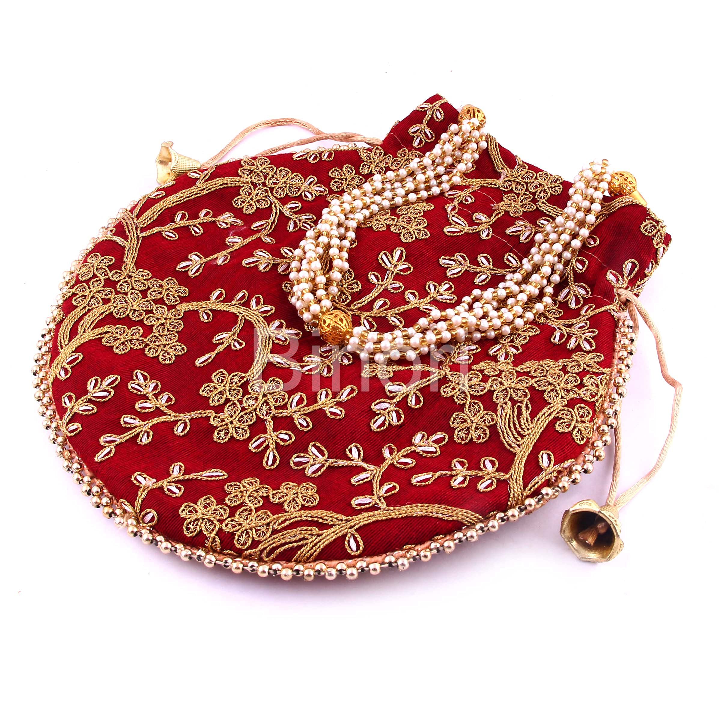 BINORI FASHIONS Rajasthani Style Royal Clutch Silk Batwa Bag Wristlets Ethnic Potli For Women's Zari Work Potli Bridal Potli (Maroon) 1