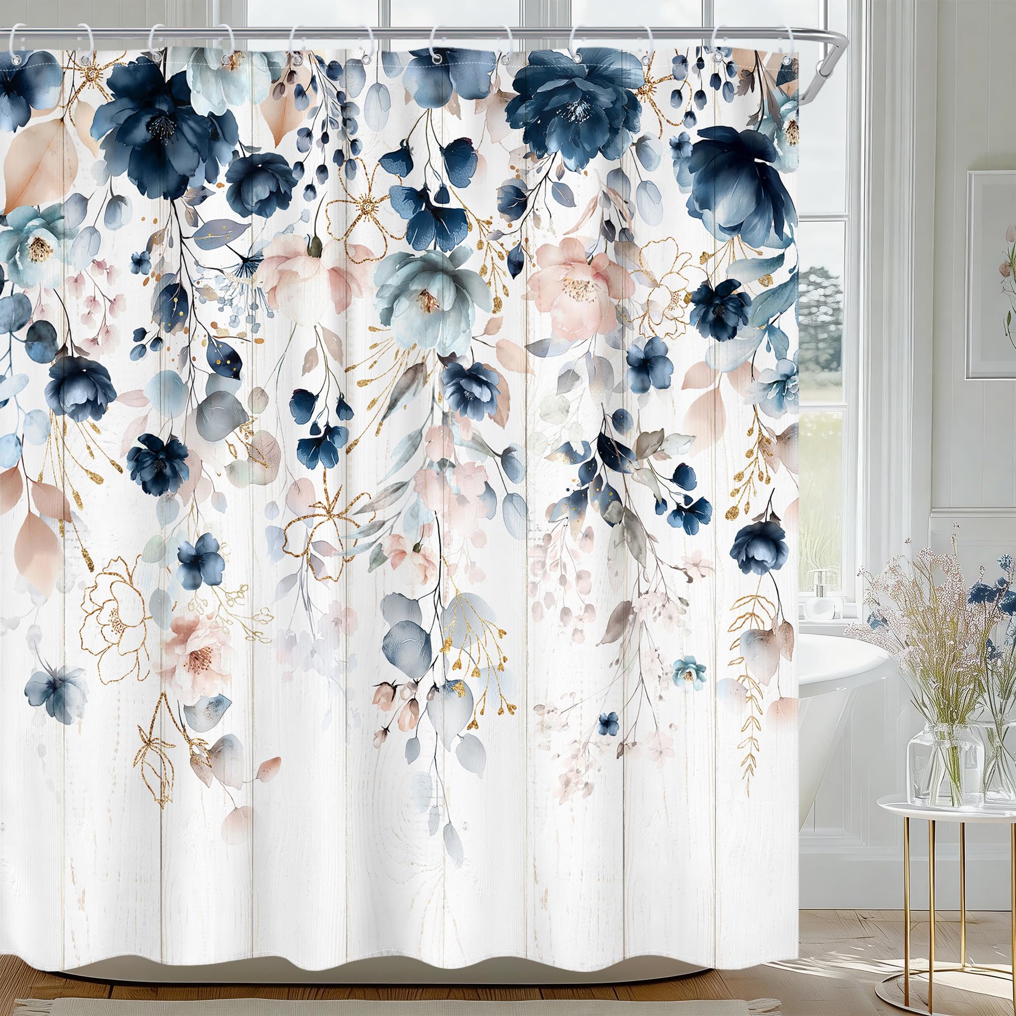 Ufeela Rustic Floral Shower Curtain 72Wx72L Inch Spring Summer Blue Flower Pink Wildflower Plant Botanical Bathroom Set Boho Wooden Board Eucalyptus Leaf Bath Curtain Bathtub Accessories Home Decor