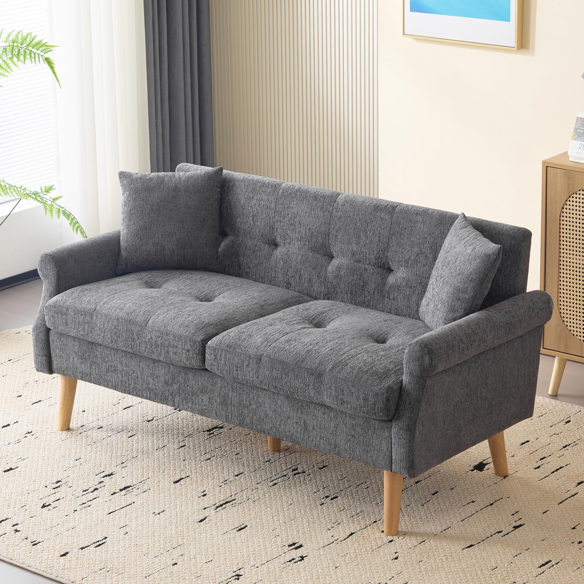 Modern Sofa mit Dicken Kissen, Doppelsofa mit Sofa-Beine aus Massivholz, Loveseat für Wohnzimmer, Schlafzimmer, Wohnung usw. Chenille, Grau-A, 162x74x77 cm