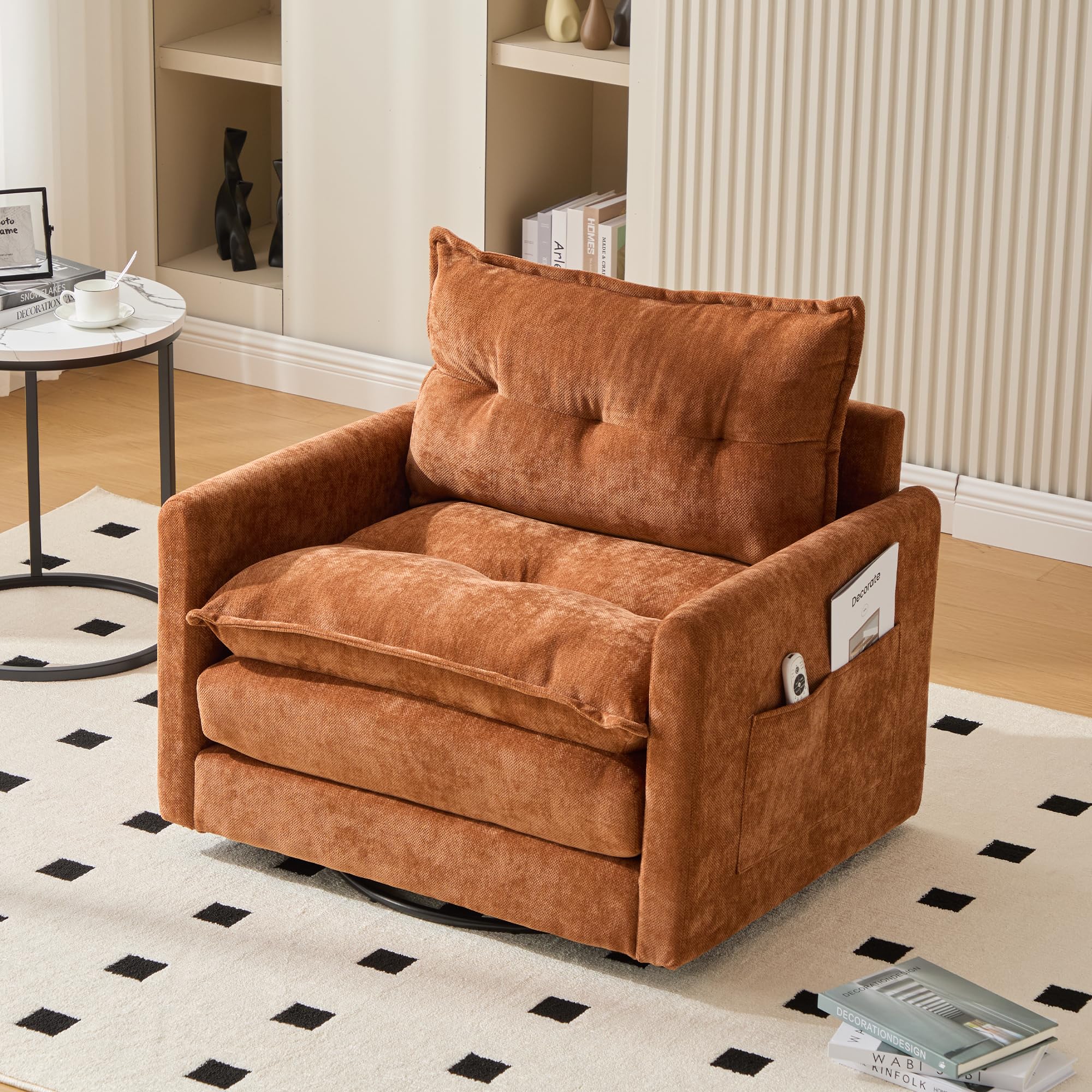Modern Brown Cloud Swivel Accent Chair, Chenille Upholstered Arm Chair, Comfy Reading Chairs, Single Sofa for Living Room Office Bedroom Apartment (Brown)