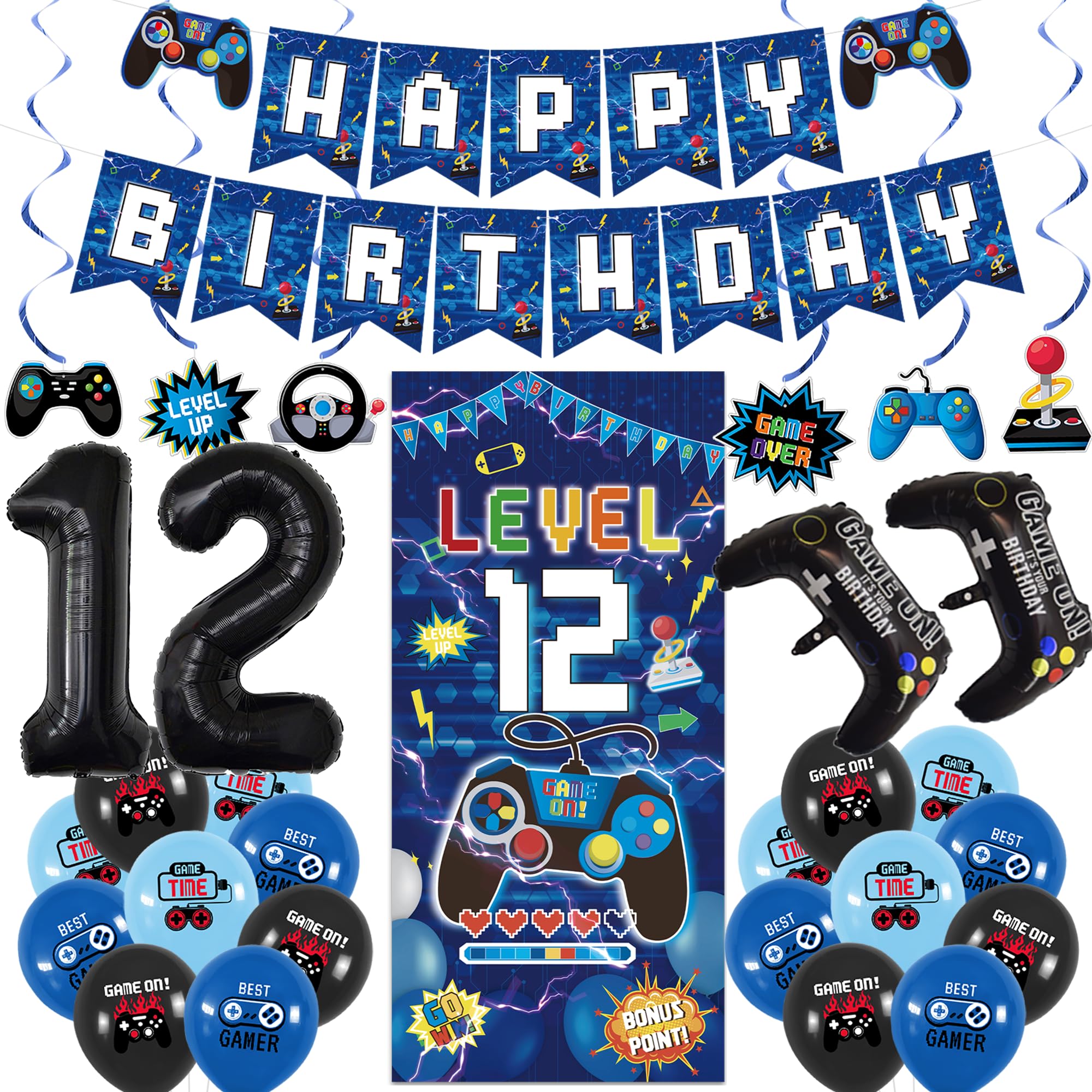 Vlipoeasn Blue 12th Birthday Decorations for Boys, Video Game Level 12 Banner Backdrop Hanging Swirls for 12th Birthday Party, Gamer 12 Years Old