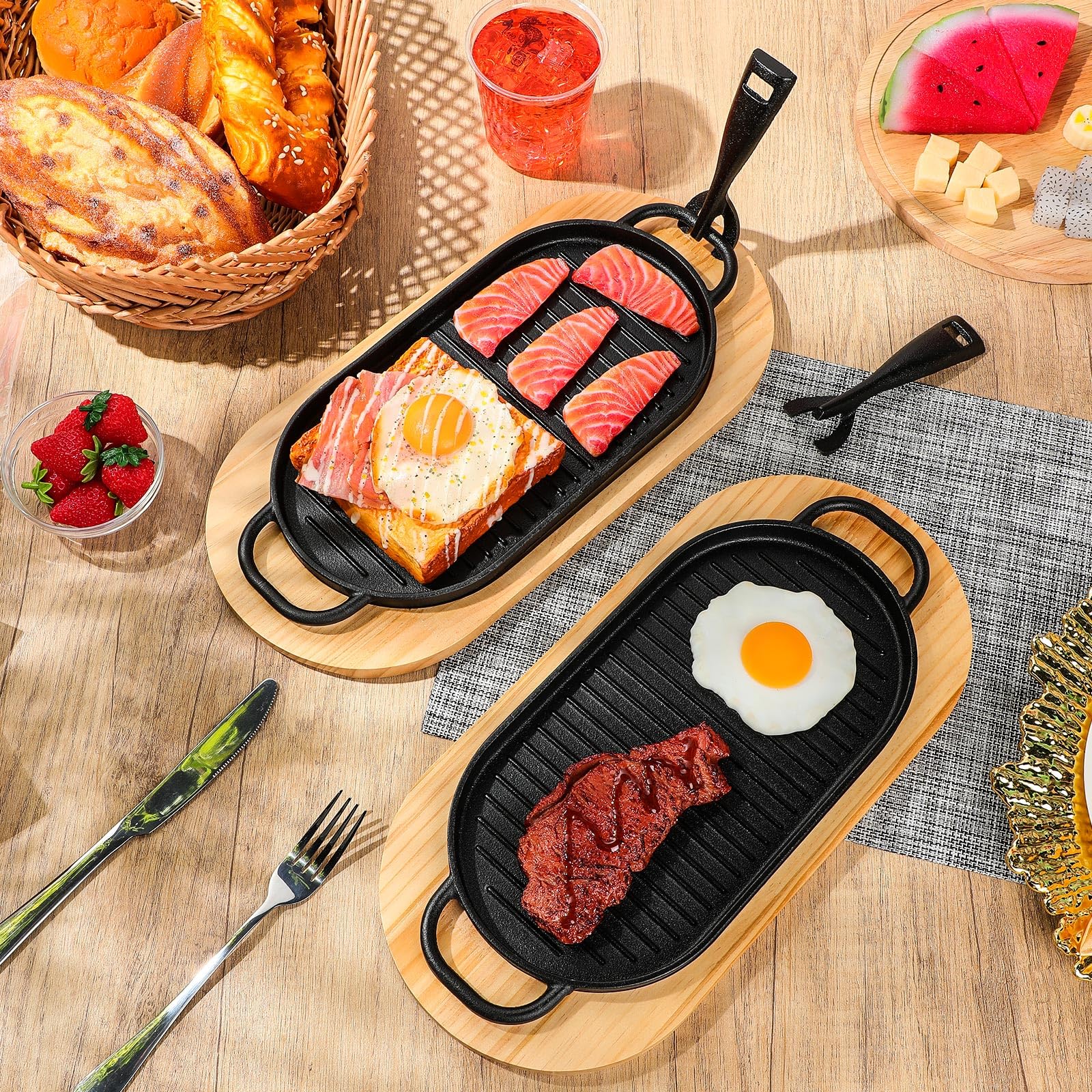 Yiyiring Cast Iron Fajita Skillet Set - 4 Pieces -2