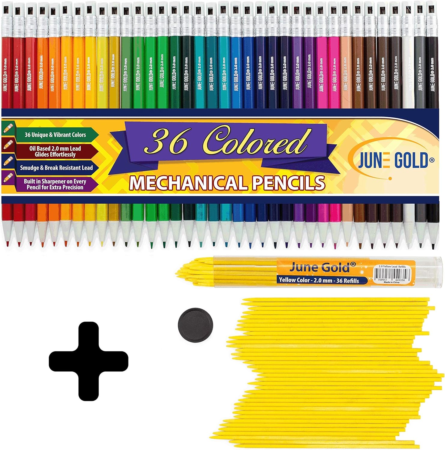 June Gold 36 Yellow Lead Refills and 36 Assorted Colored 2.0 mm Mechanical Pencils in 36 Unique Colors
