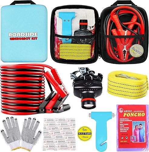 Car Roadside Emergency Kit, with Jumper Cables Automotive Kit,Car Safety Roadside Assistance Kit Headlamp,Tow Straps, Safety Hammers, Rainwear,