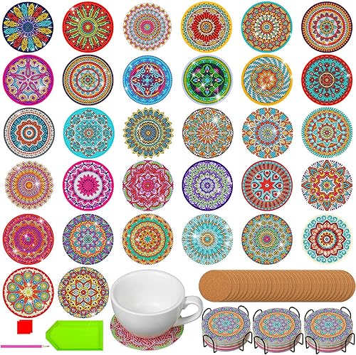Zopeal Juego de 32 posavasos de pintura de diamante, posavasos de mandala con soporte para niños, adultos, principiantes, suministros de