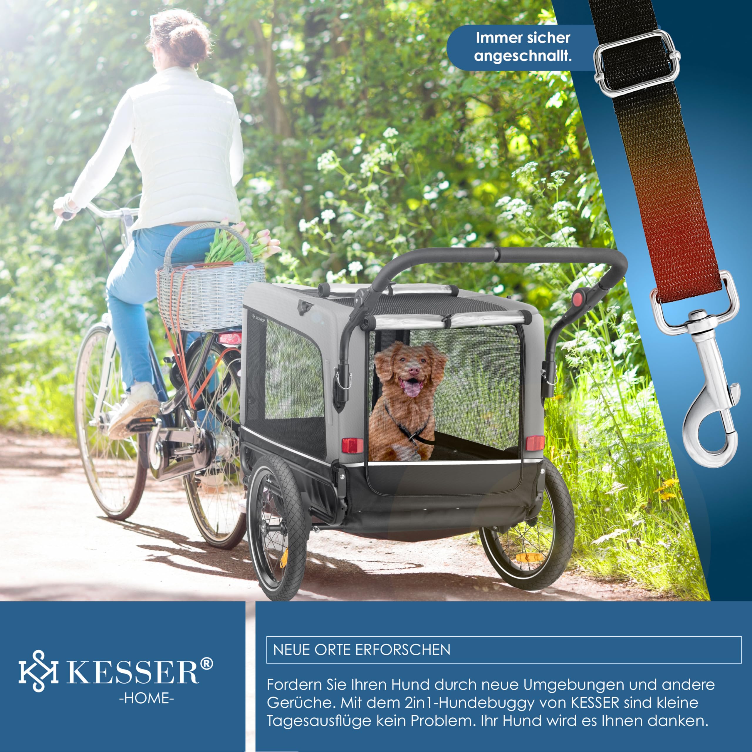 KESSER® Hundeanhänger Boxer 3-in-1 Hundebuggy & Jogger Fahrradanhänger groß ca. 240 Liter Volumen, gefedert, 360° Grad Vorderrad, 600D Oxford Canvas, SmartSpace Concept, maximale Belastbarkeit: 40 kg