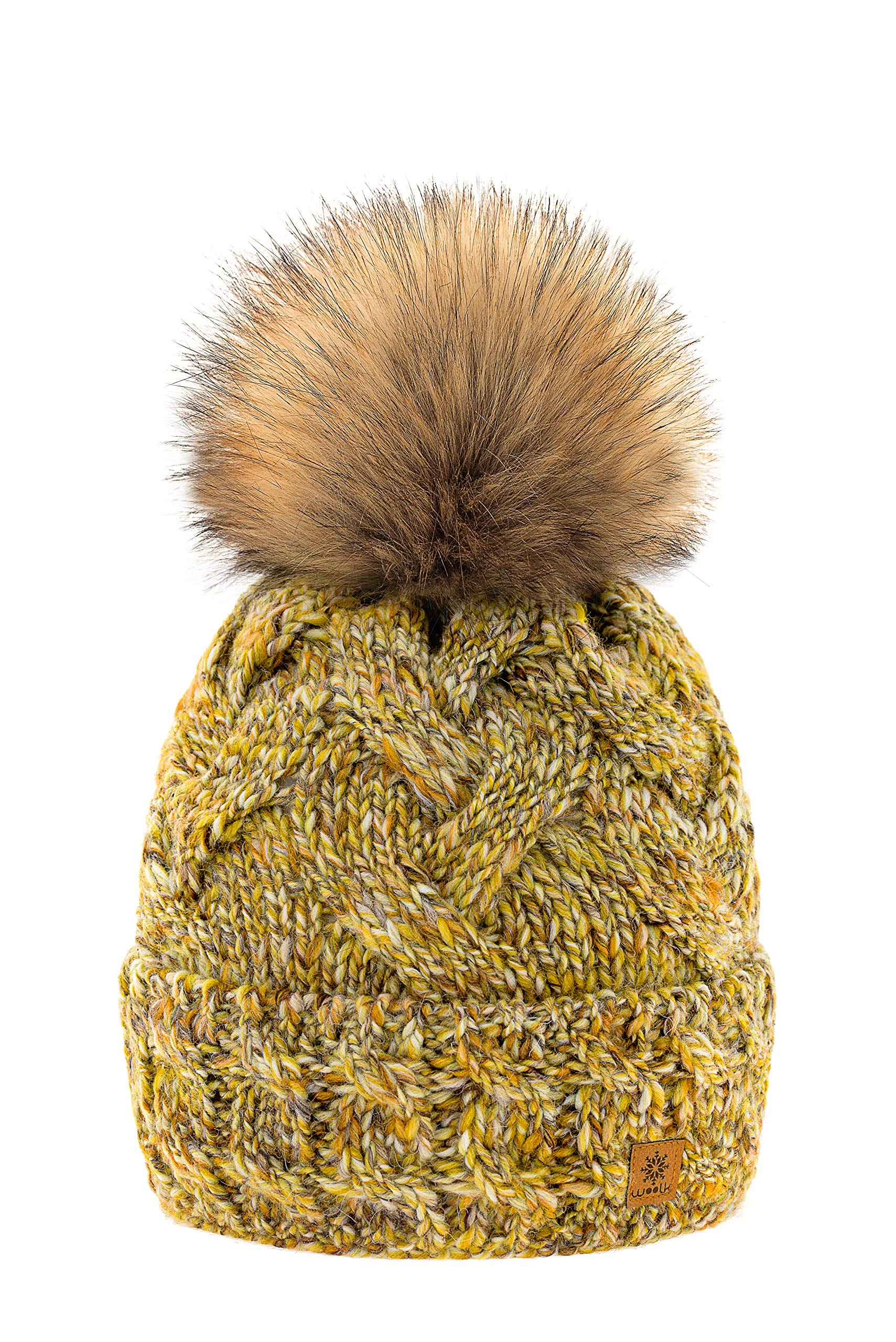 MFAZ Morefaz Ltd Women Winter Hat Alpaca Wool Beanie Hat Worm Knitted Hats Fleece Lining Pom Pom (Gaja Mustard)