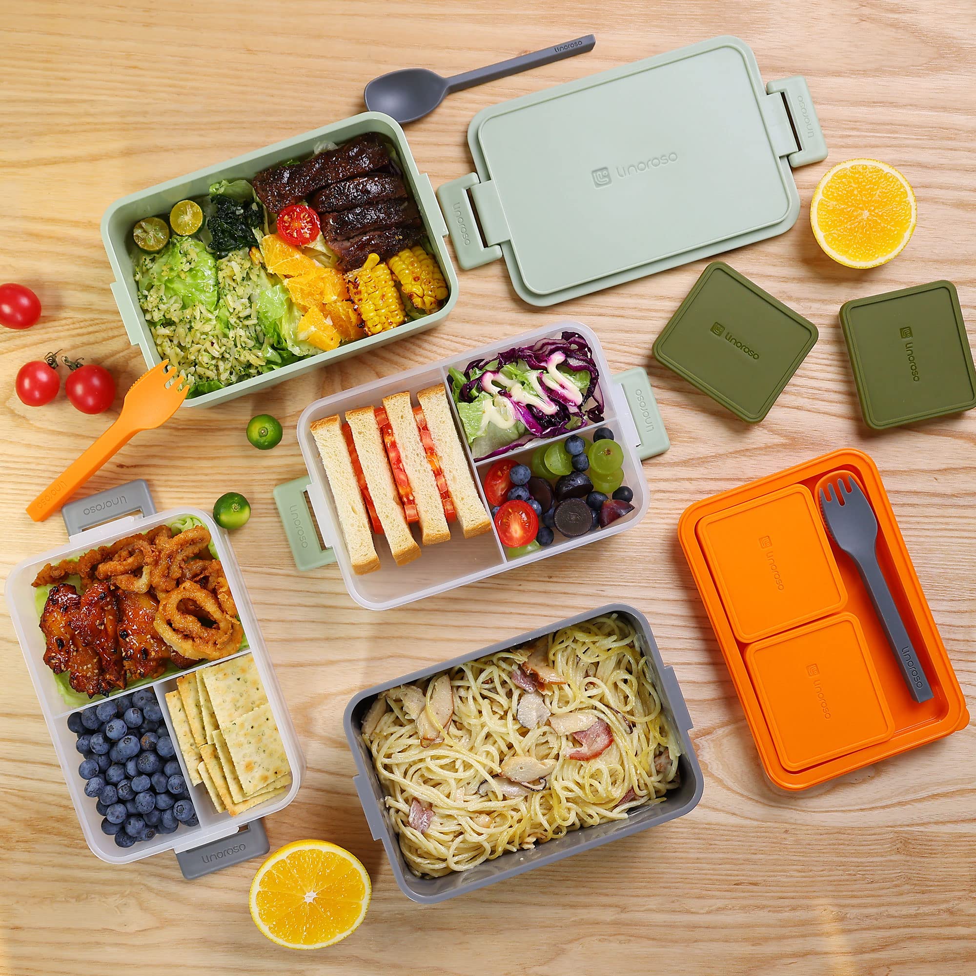 Linoroso Lunchbox Erwachsene Brotdose mit 3 Fächern Bento Box mit Soßenbehälter und Geschirr Lunch Box für Mikrowelle und Spülmaschine Kunststoff BPA-frei Als Frühstücksbox Jausenbox Salatbox - Orange