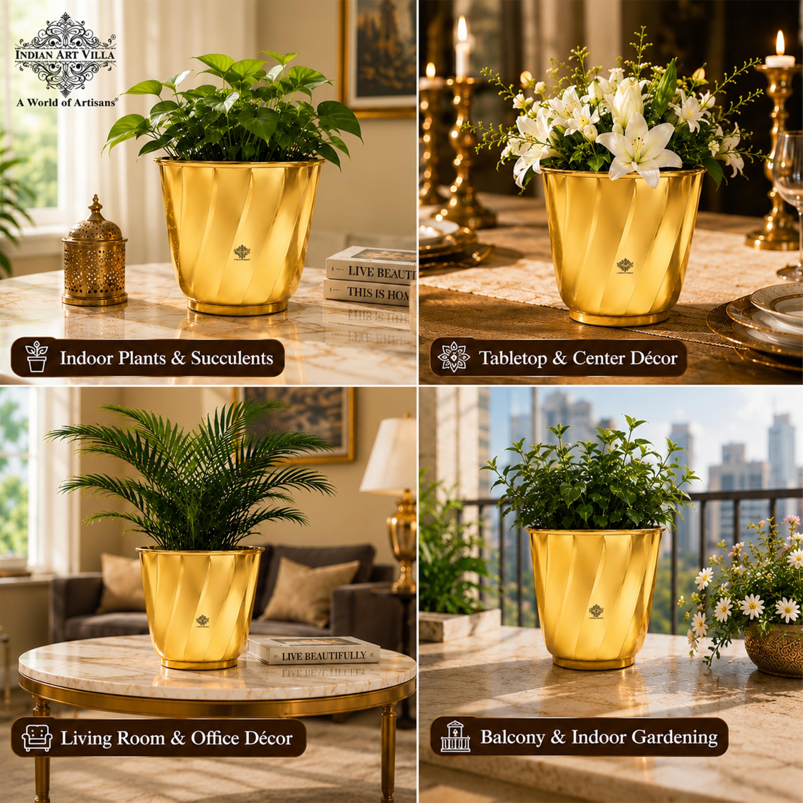 INDIAN ART VILLA Pure Brass Lining Design Planter, Home décor, Planting, Size- 7.2x8 inches 4