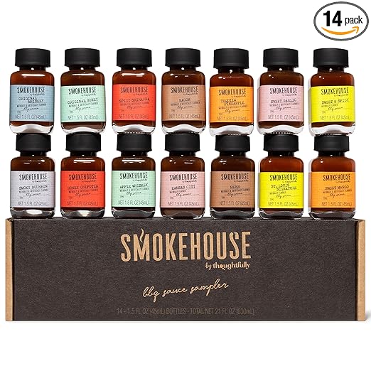 Smokehouse by Thoughtfully, Gourmet BBQ Sauce Sampler Variety Pack in Glass Bottles, Vegan and Vegetarian, Flavors Range from Full-Bodied Pitmaster Classics to Foodie-Inspired Creations, Pack of 14