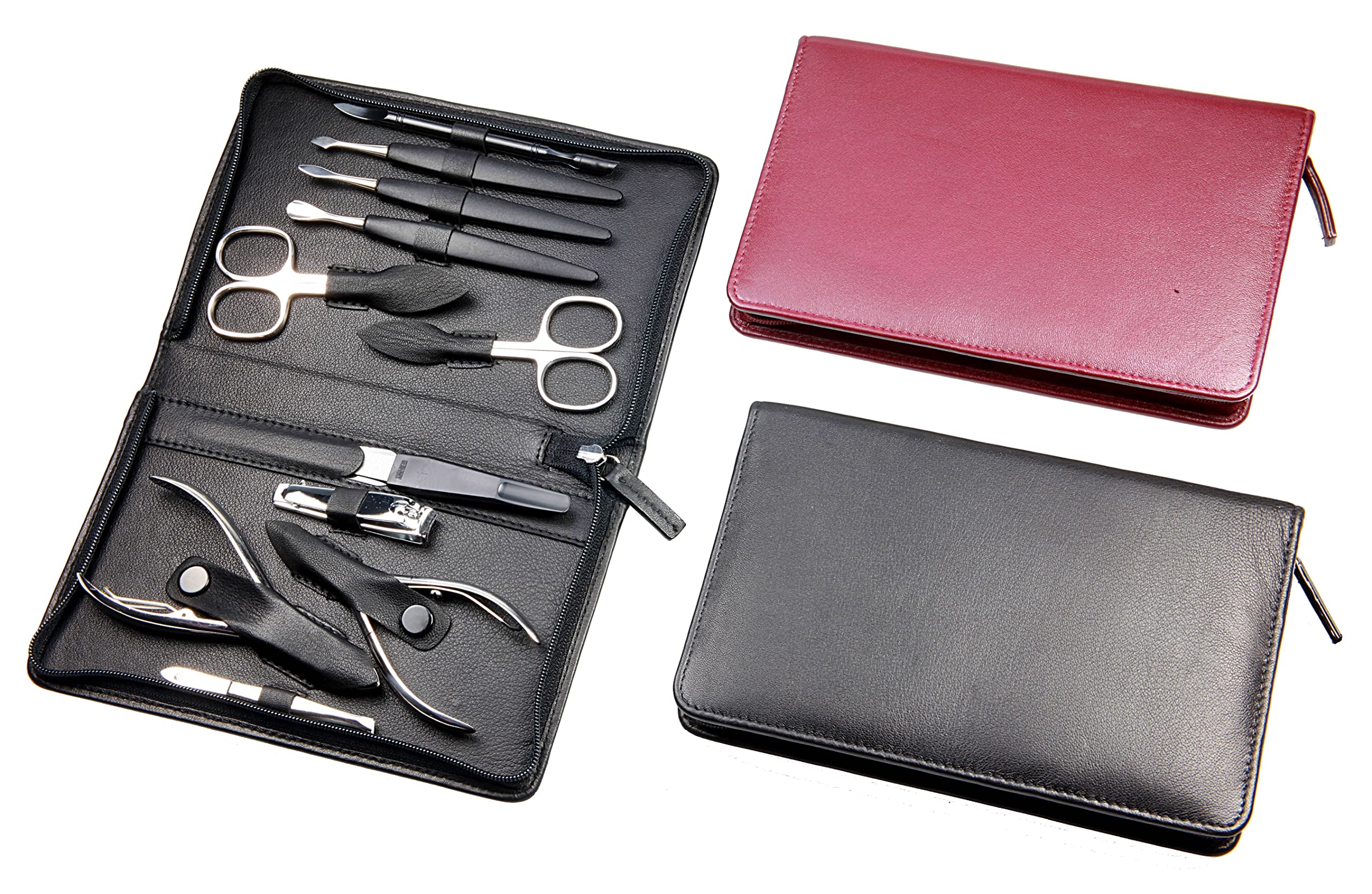 Sonnenschein by Hans Kniebes – 11-tlg. Maniküre Set – Nagelschere, Hautschere, Nagelzangen, Pinzette, Feile, Knipser – Maniküre-Etui aus Nappa-Lammleder Schwarz