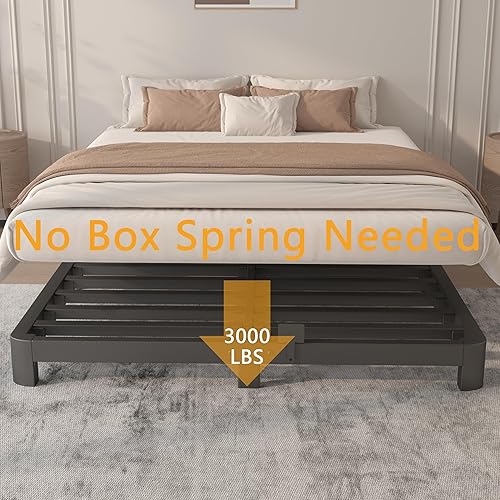 Miniatura 3 de Base de cama Queen de 4 pulgadas, no necesita somier, base de cama de plataforma con juntas de metal, soporte de listones de acero resistente, tapón