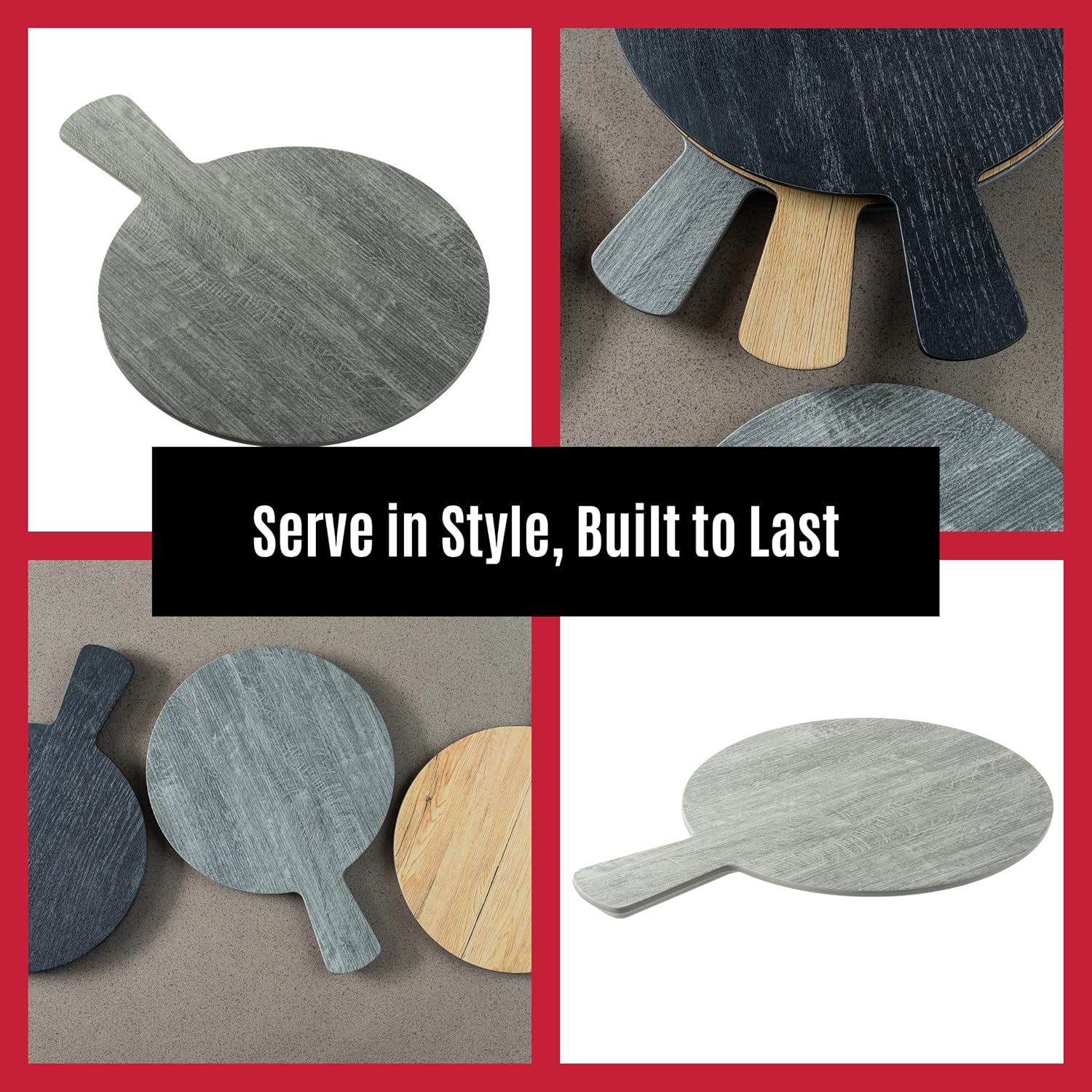 Tablecraft 12451 Round Serving Paddle with Handle, Melamine, Gray Wood Decal, 13-3/4" x 10", 4-1/2" Handle, Rustic Style, Dishwasher Safe, For Indoor/Outdoor Usage, Ideal for Bars and Restaurants