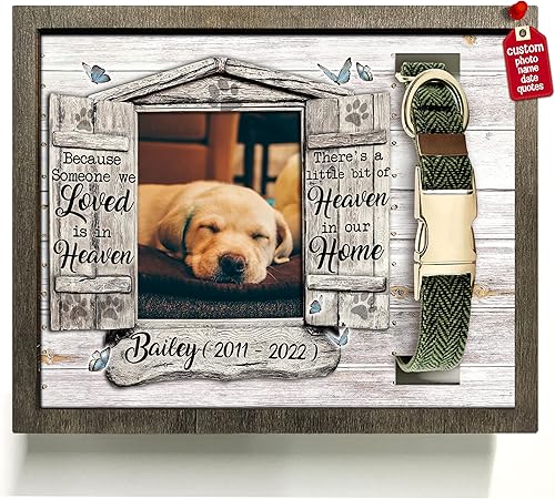 Marco de madera personalizado con foto de perro con nombre para fotos, recuerdo de mascotas, con soporte para collar, regalo de recuerdo con cita