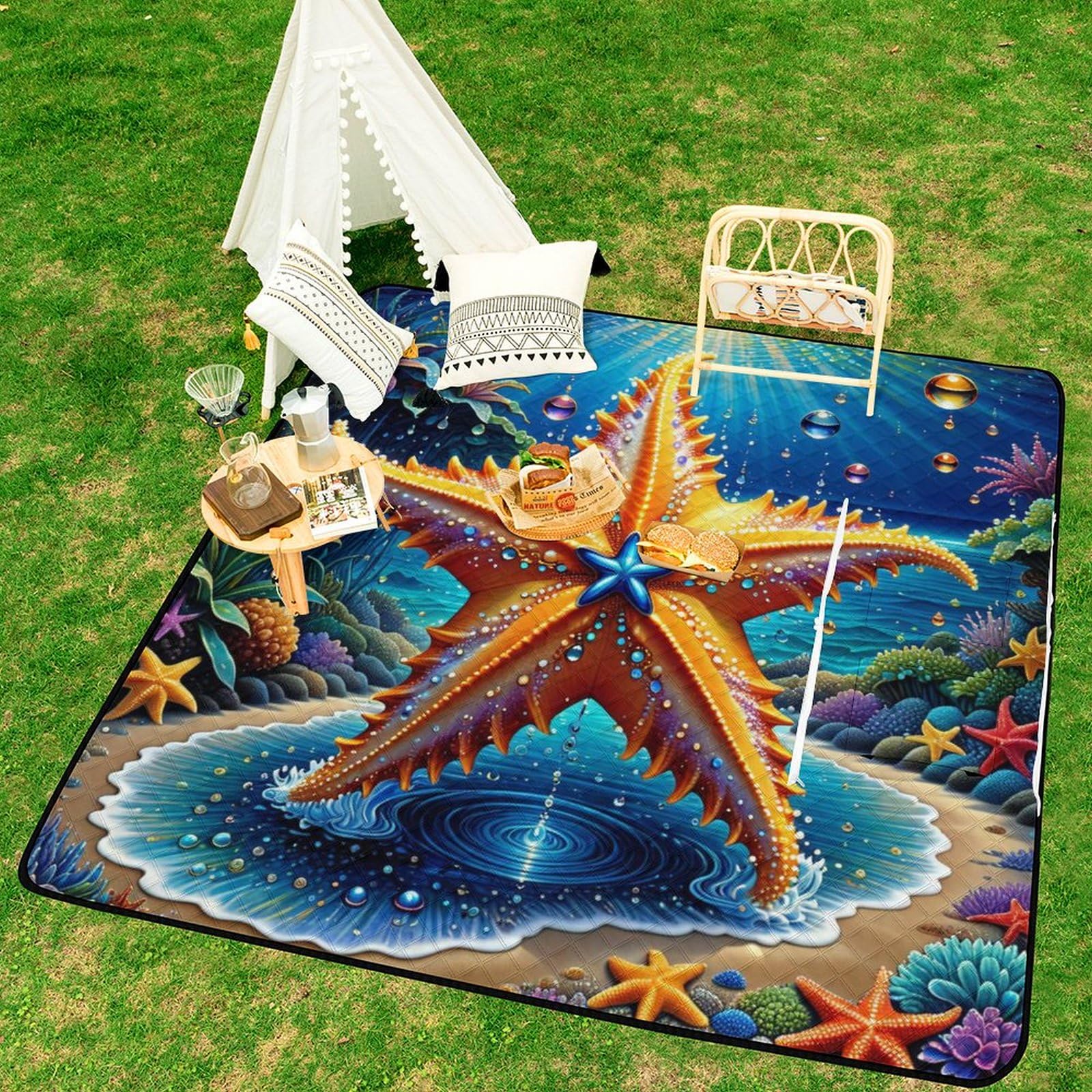 3D Impression Les starsLe Poisson Couverture Pique Nique Les Les planteses Tapis Pique Nique Nappe Picnic Couverture De Pique-Nique pour Camping, Parc, Jardin 200x200cm