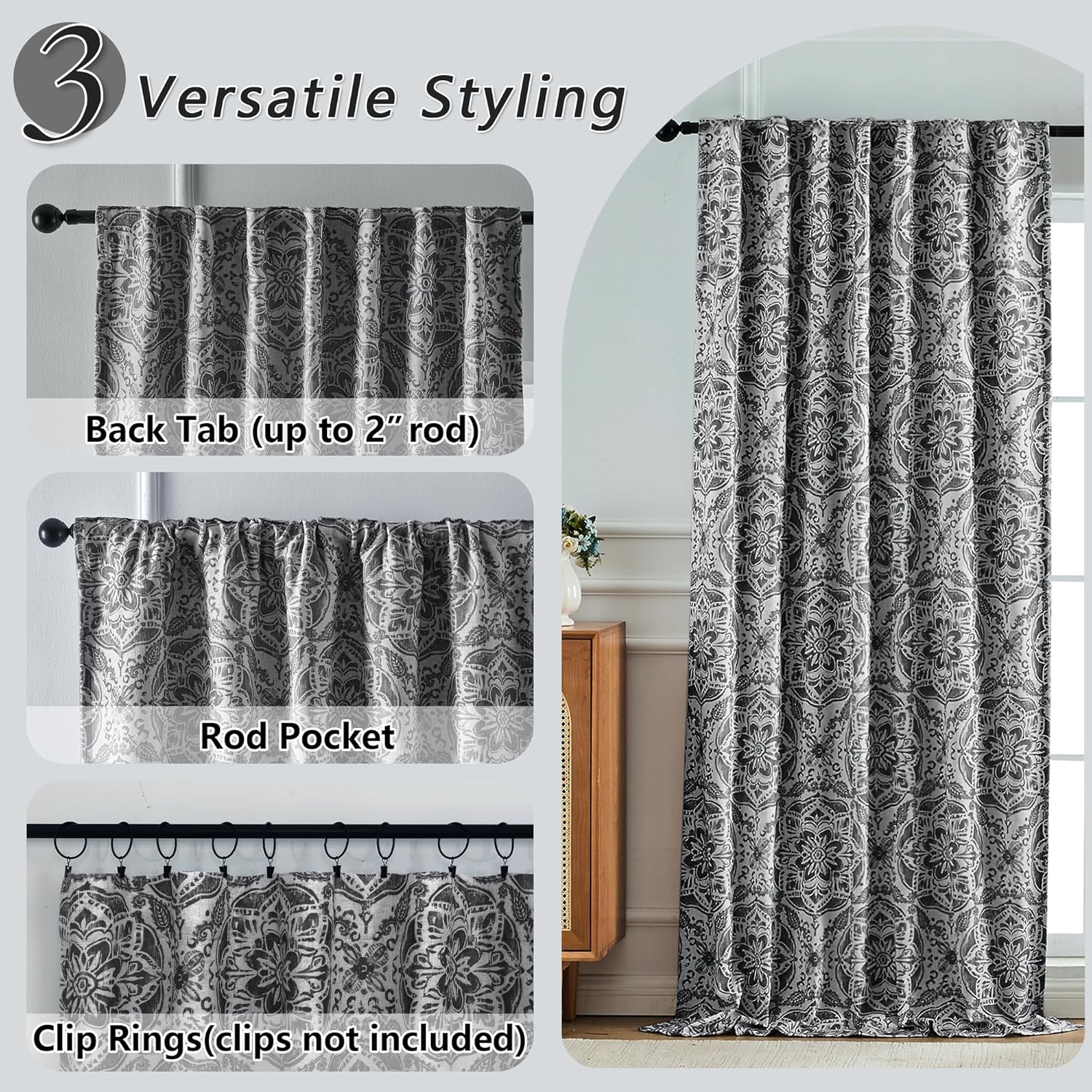 OVZME Black Medallion Blackout Curtains for Bedroom 72 Inch Length 2 Panels, Thermal Insulated Linen Blackout Curtains for Living Room, Rod Pocket Back Tab Window Drapes with Liner, 52Wx72L Inches