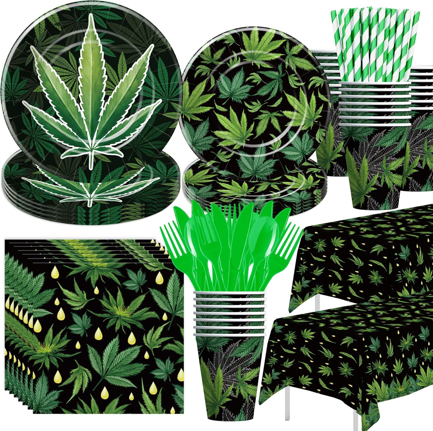 Weed Birthday Decorations - Weed Theme Party Supplies Tableware, Plate, Cup, Napkin, Tablecloth, Cutlery, Straw, Green Pot Weed Leaves Party Decorations For Adults 420 Birthday | Serve 24