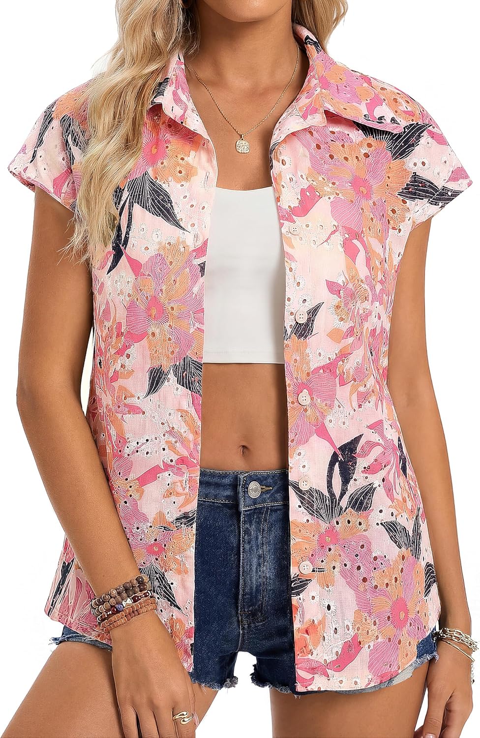 GRACE KARIN Floral Eyelet Spring Summer Tops for Women,2026 V Neck Dressy Casual Shirts,Boho Button Down Short Sleeve Blouses