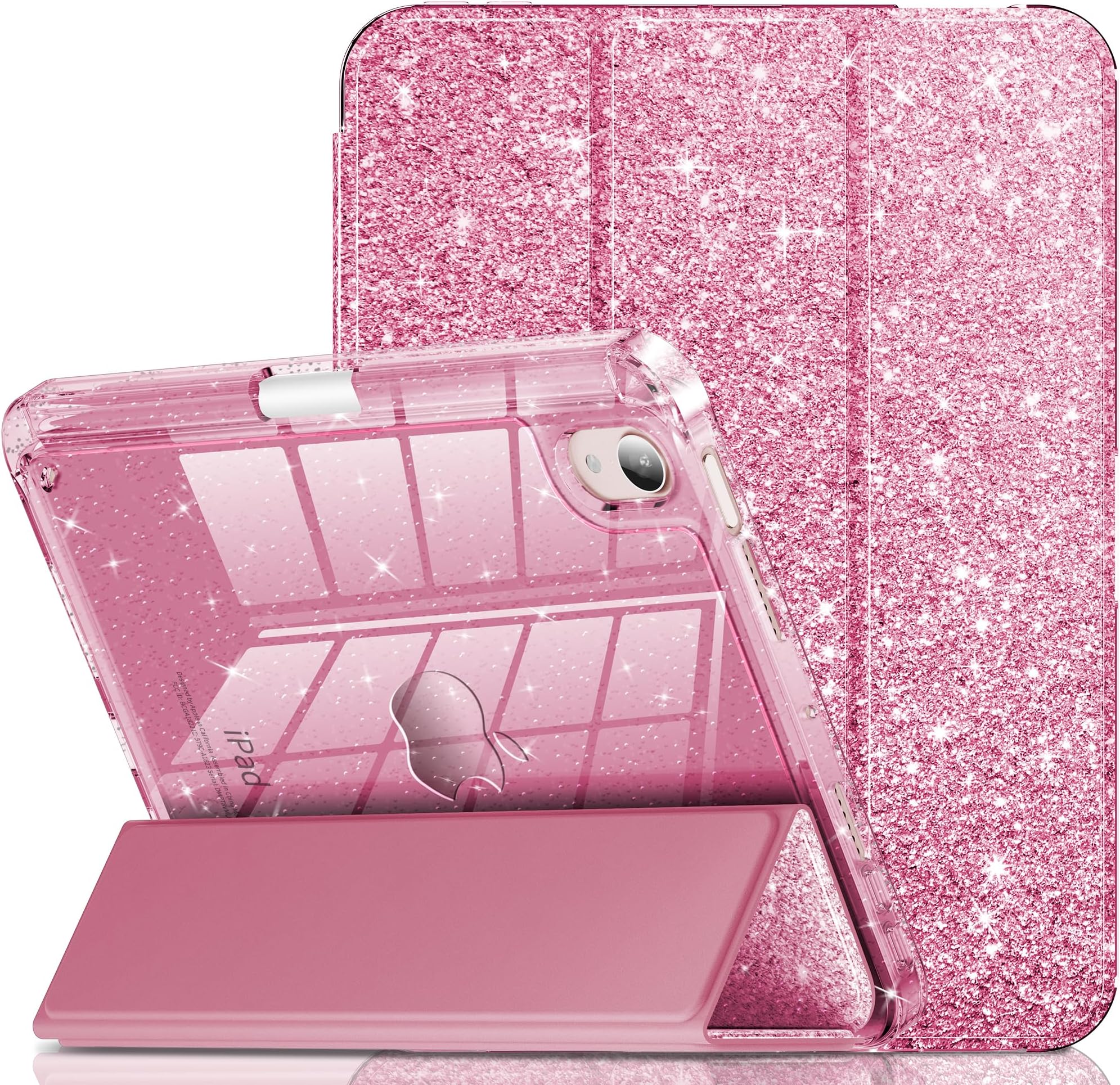 INFILAND for iPad mini 7 Case (A17 Pro), iPad mini 6 Case, iPad mini 7th/6th Generation Case 2024/2021 8.3 Inch, Glitter Cute Protective Clear Cover with Pencil Holder for Kids Girls, Pink