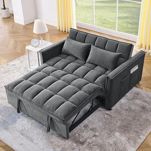 3 in 1 Convertible Sleeper Sofa Bed, Futon Couches for Living Room with Side Pocket | Adjustable Backrest| Velvet Fabric | Pull Out Couch | Love seat Sofa|2-seat Sofa Bed (Grey)