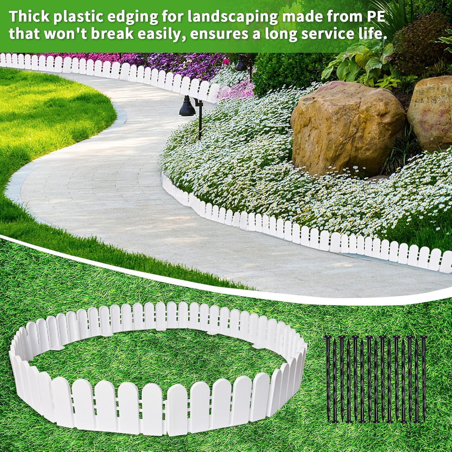 Garden Edging Border, 26Ft White Plastic Landscape Border Edging with Anchoring Spikes, Flexible Garden Edging Border for Flower Bed Yard (30)