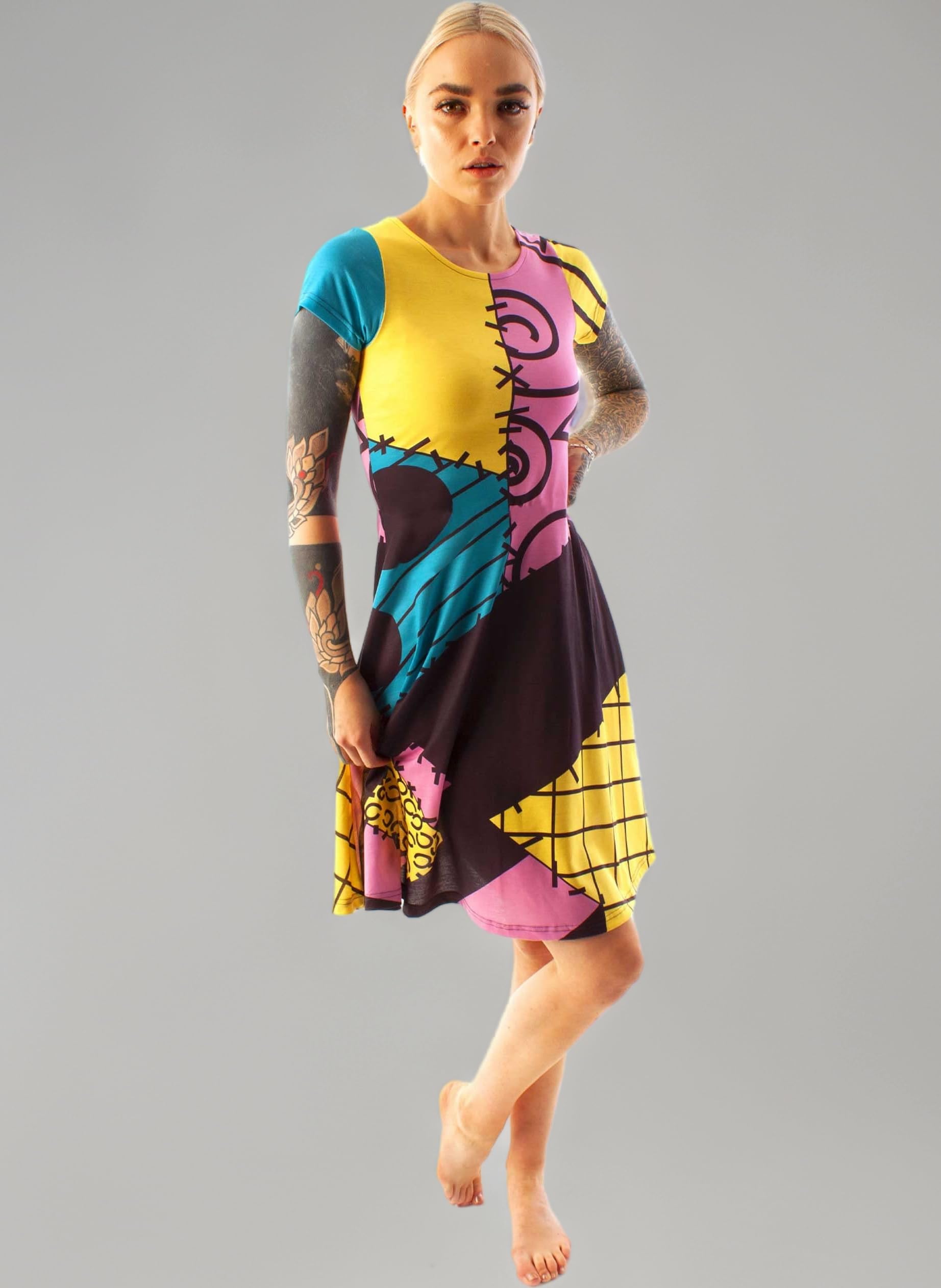 Nightmare Before Christmas Sally | Women's Multicoloured Short Sleeve Costume Dress | Halloween Party Outfit | Cosplay Dress | Themed Apparel for Fans Merch
