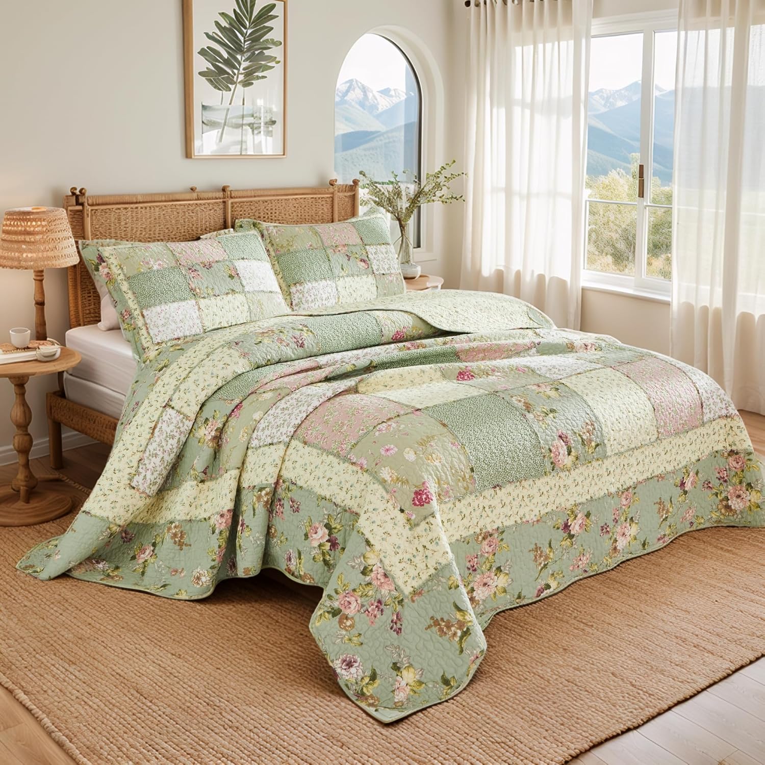 Brandream King Size Quilt Set Cotton Patchwork Quilts Green Rose Floral Quilted Comforter Set Country Rustic Coverlet Set 3-Piece - Image 6